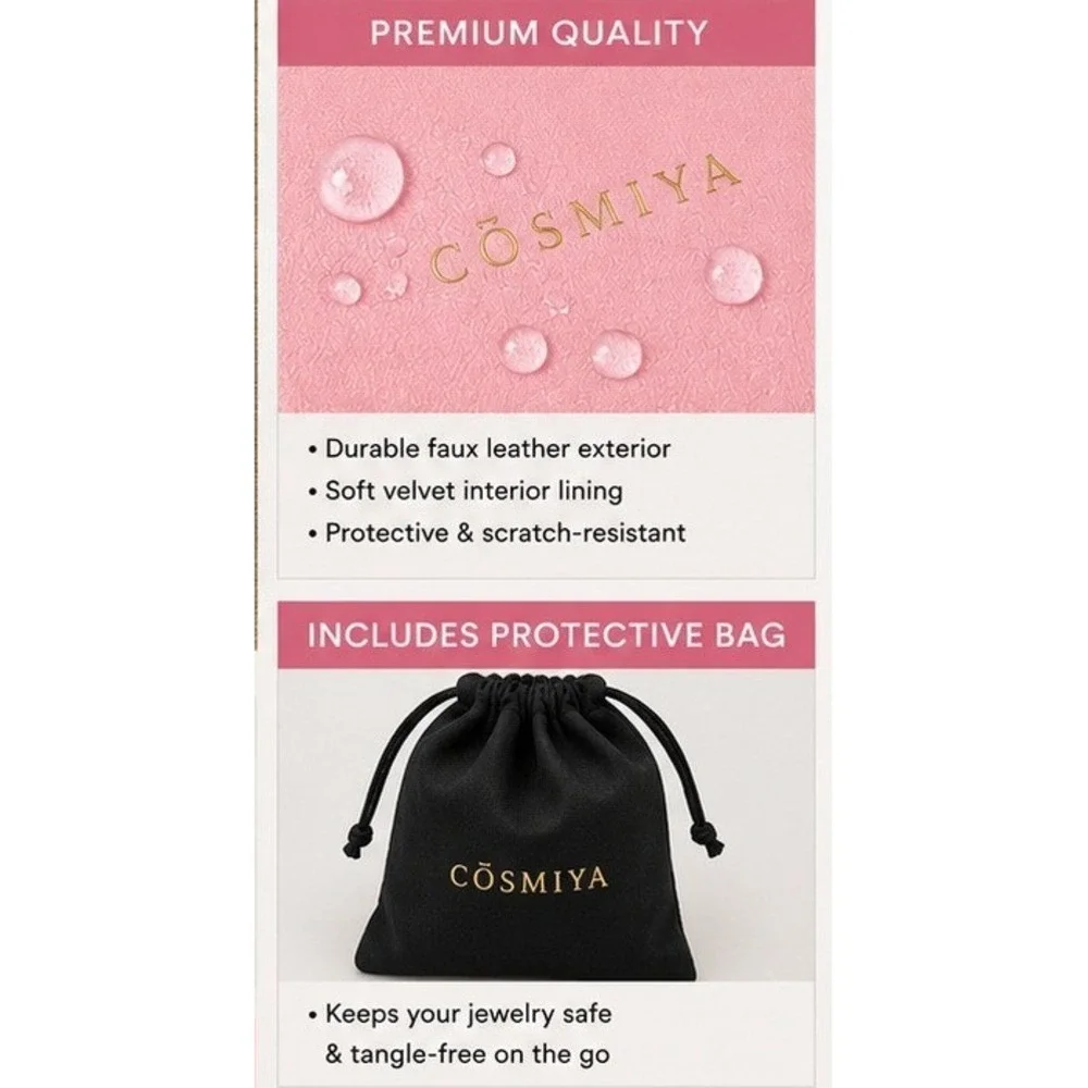 Cosmiya Pink Saffiano Vegan Leather‎ Travel Jewelry Case Organizer Box Dust Bag